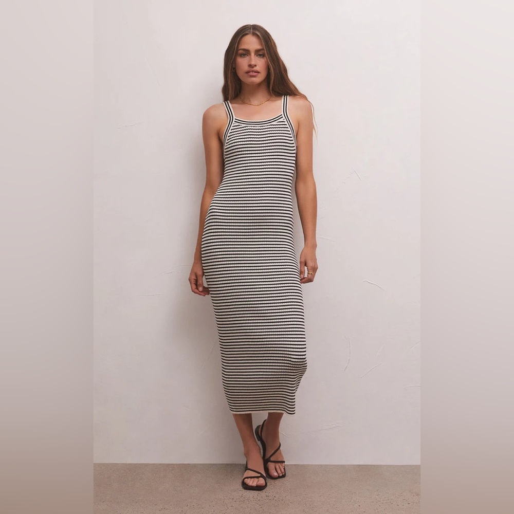 NWT Z Supply Brooks Stripe Bodycon Rib Knit Midi Dress White Black Size S